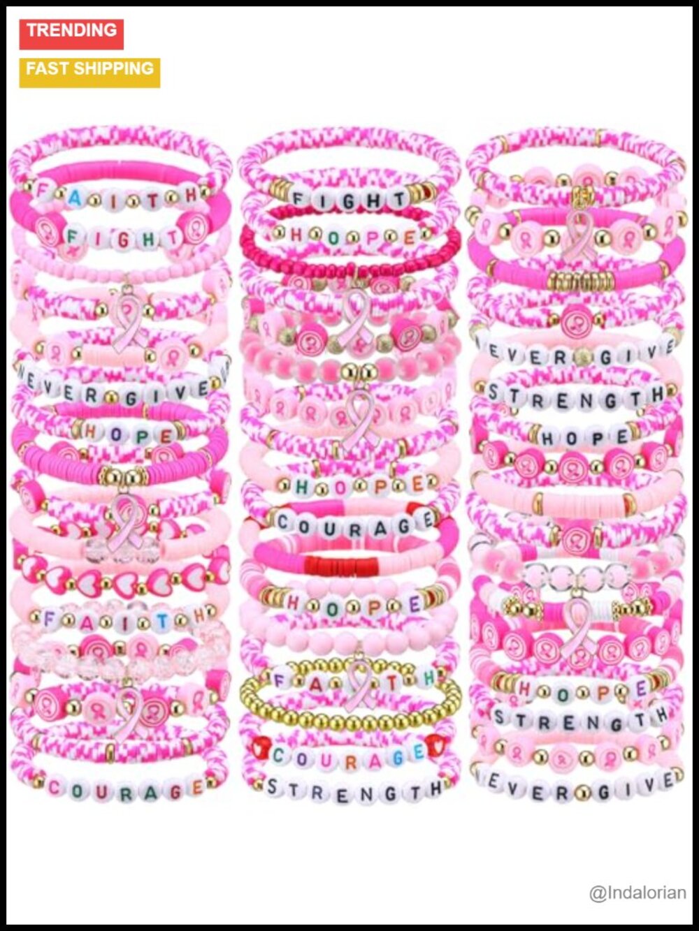Breast Cancer Awareness Bracelets 50 Pcs Polymer Clay Bead Stretch